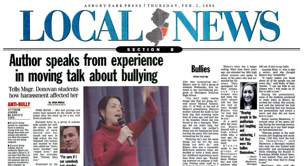 Newspaper clipping: Author speaks from experience in moving talk about bullying