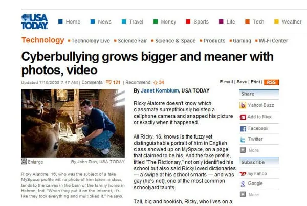 USA Today article: Cyberbullying grows bigger and meaner with photos, video