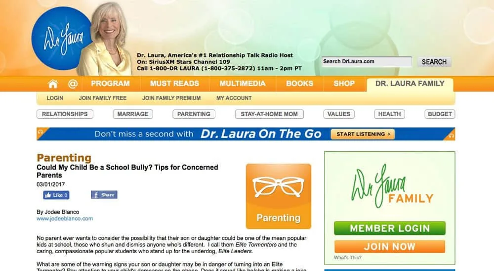 Article by Jodee Blanco on Dr. Laura’s website