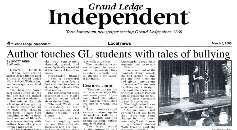 Grand Ledge Independent clipping: Author touches GL students with tales of bullying