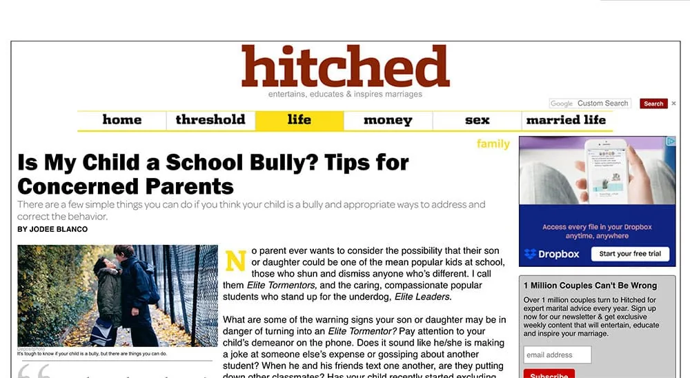 Hitched magazine article: Is My Child a School Bully? Tips for Concerned Parents