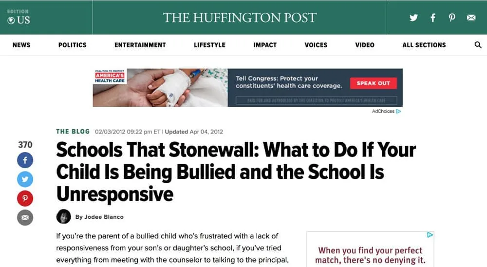 Huffington Post article: Schools That Stonewall: What to Do If Your Child Is Being Bullied and the School Is Unresponsive