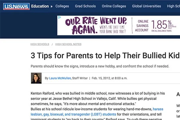 U.S. News article: 3 Tips for Parents to Help Their Bullied Kid
