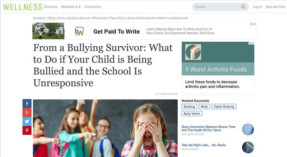 Wellness.com article: From a Bullying Survivor: What to Do If Your Child Is Being Bullied and the School Is Unresponsive